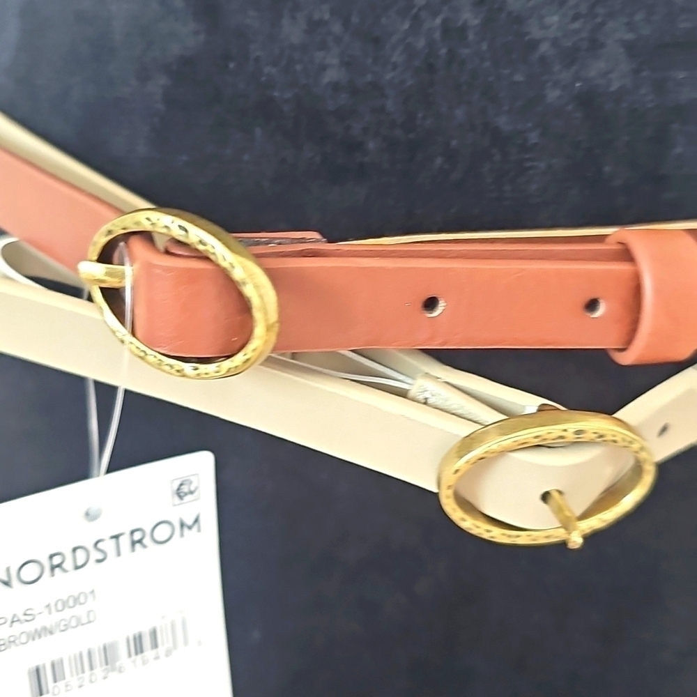 New Nordstrom Set Of 2 Hammered Buckle Faux Leather Belts Brown/Gold XLarge - Picture 2 of 12